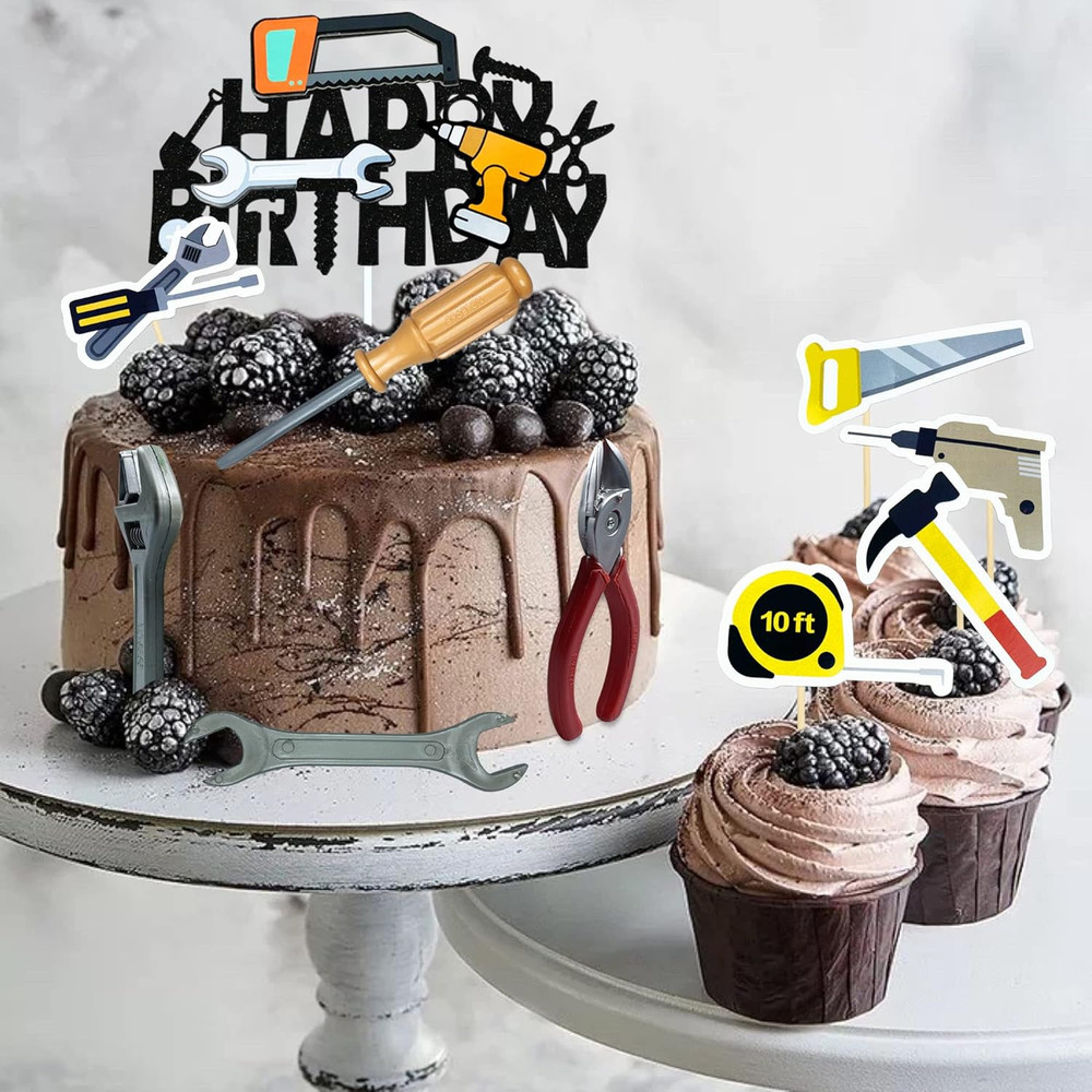 18PCS Tools Cake Topper Tools Cake Decorations Toolbox Wrench Hammer Mechanic Dr