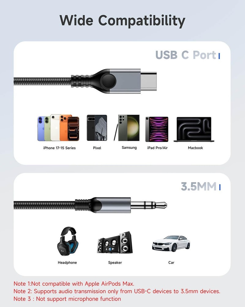 Aux to USB C Audio Cable 2 Pack [4FT], Type C 3.5mm 2 Pack- 4FT, Grey