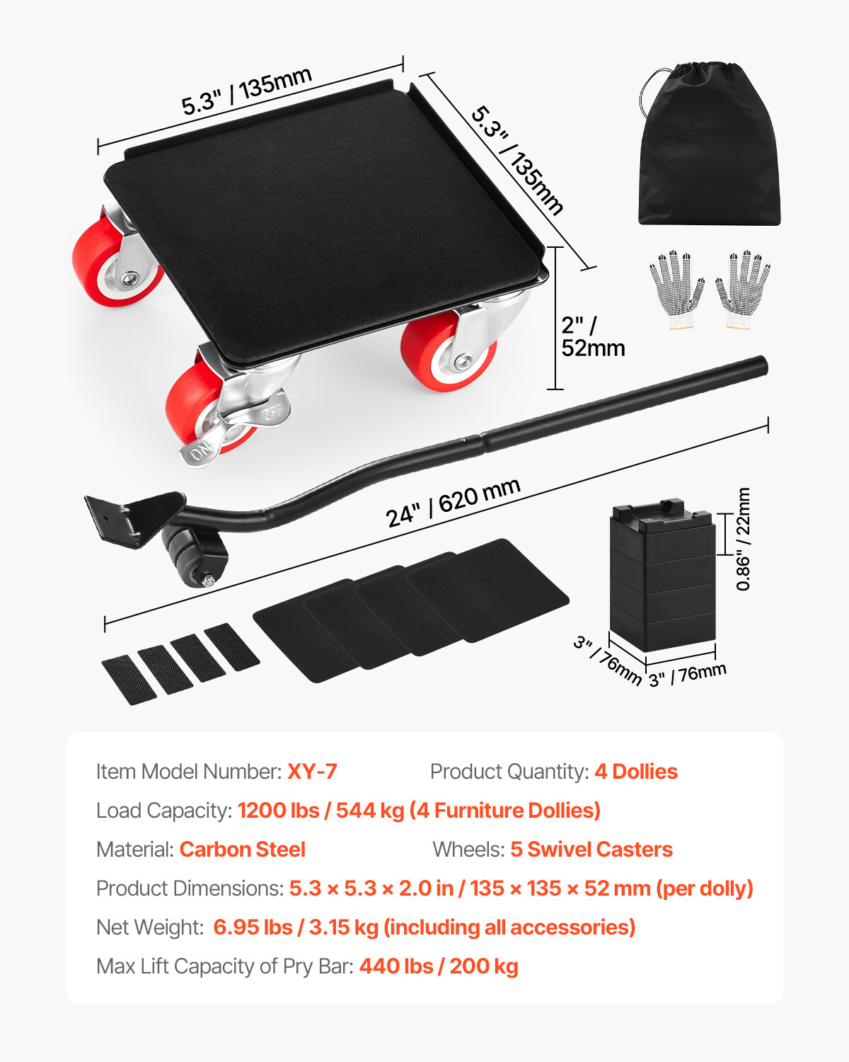 Furniture Dolly Heavy Duty Furniture Mover with 5 Wheels 1200 lbs Capacity