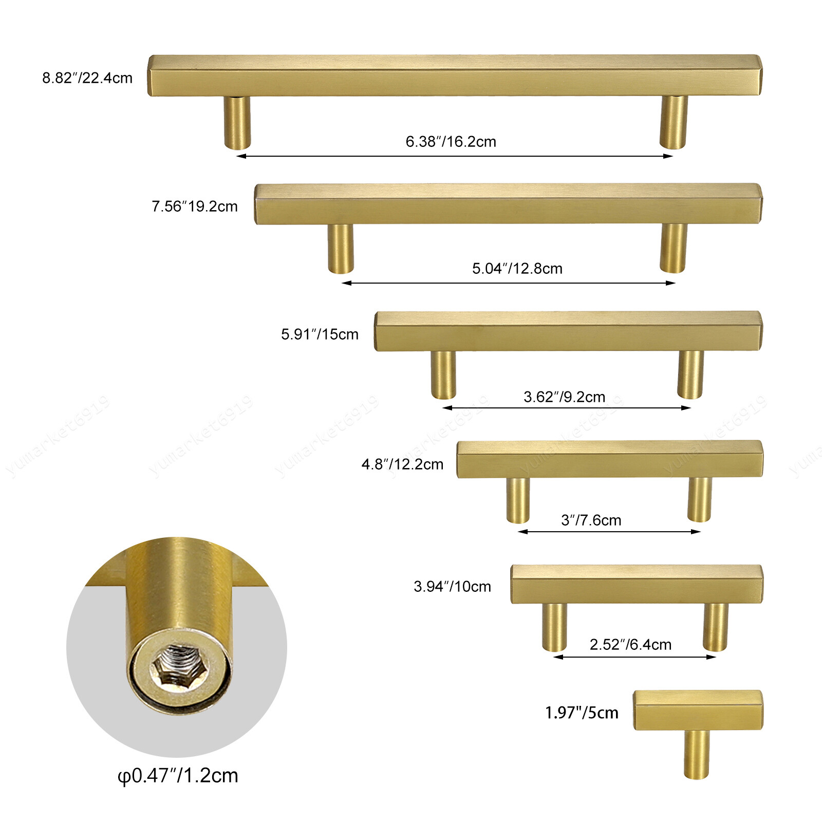 Stainless Steel Kitchen Square Cabinet Handles Brushed Gold T-Bar Drawer Pulls