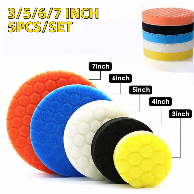 5PCS Car Polishing Pads 3/5/6/7 Inch Flat Sponge Buffing Pad Buffer Polisher Kit