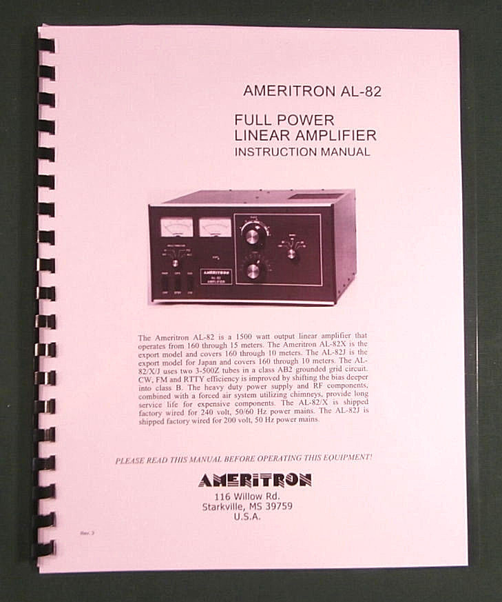 Ameritron AL-82 Instruction Manual - ring bound with protective covers!