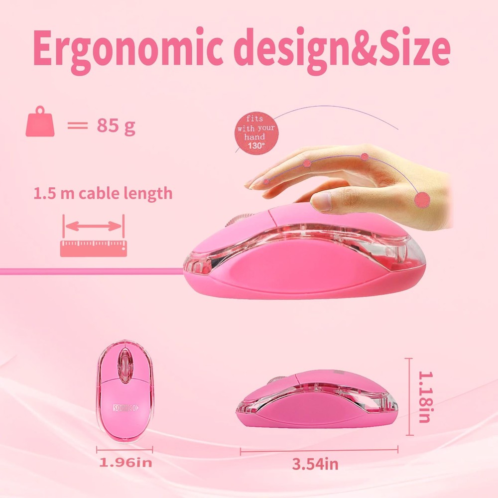 SOON GO Pink Mouse,Computer Mouse,with 1.5m USB Cable - Compatible