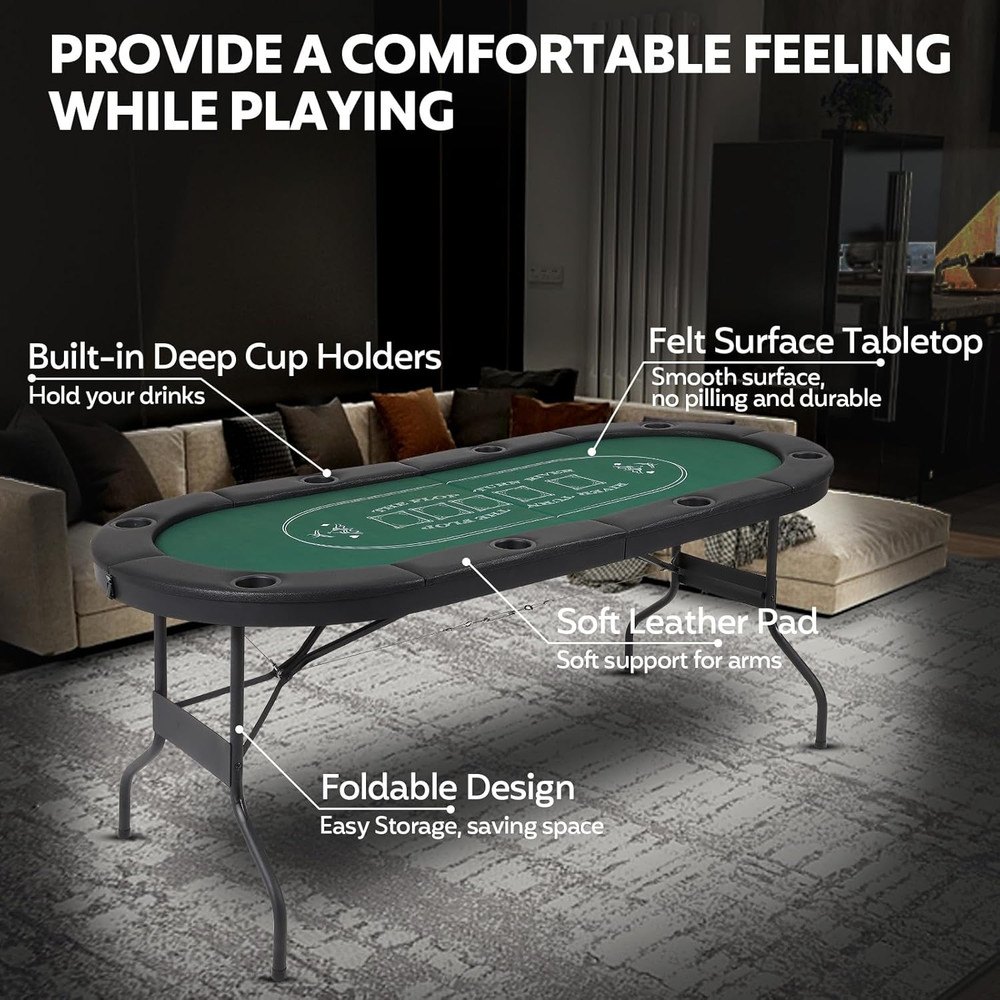 72" Foldable 8-Player Poker Table with Cup Holders & Padded Rails