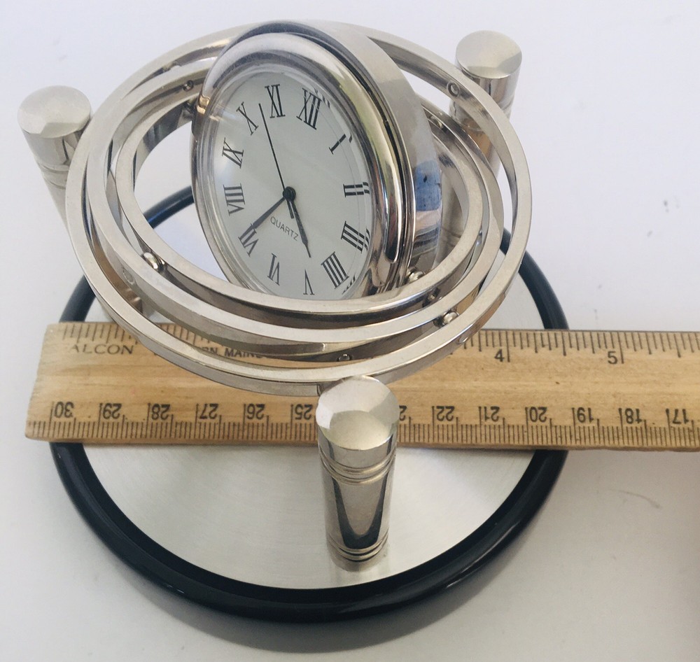 Spinning Gyro Silver Tone Quartz Desk Table Clock Unique