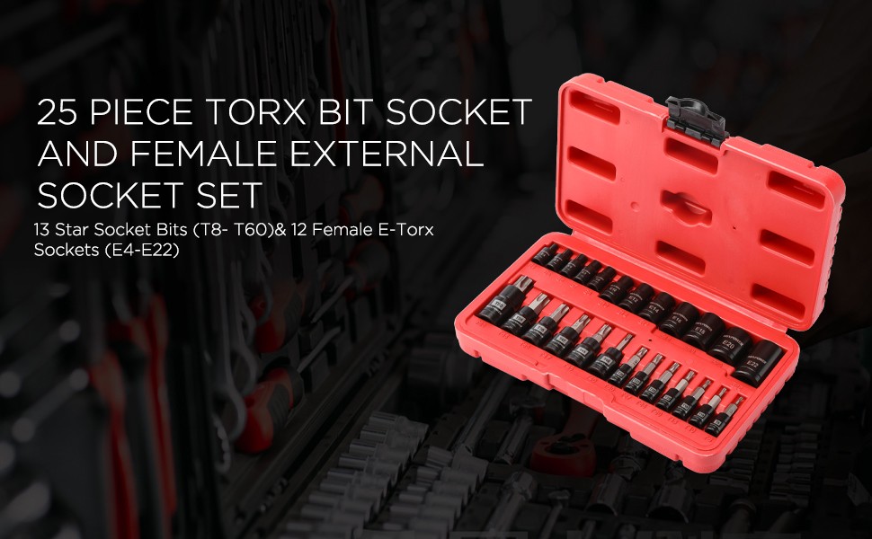 25PCS Torx Bit Socket and External Socket Set T8- T60 & 12 Female E-Torx Sockets