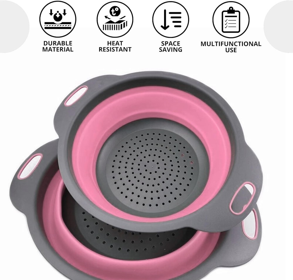 Pink Round Silicone Collapsible Kitchen Colander Plastic Handle Strainer