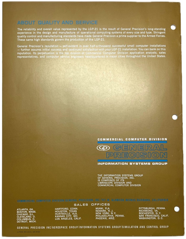 1963 GENERAL PRECISION LGP-21 ELECTRONIC TRANSISTOR COMPUTER BROCHURE BURBANK CA