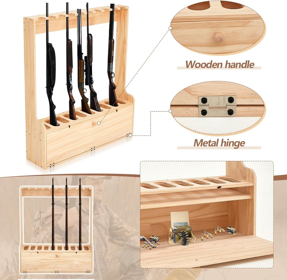 Gun Rack W/ Storage Wood Gun Storage Display Rack Solid Pine Standing Gun