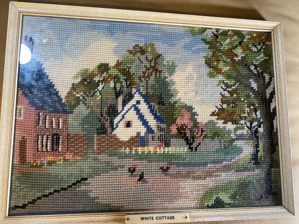 Vintage Needlepoint "White Cottage" - Framed