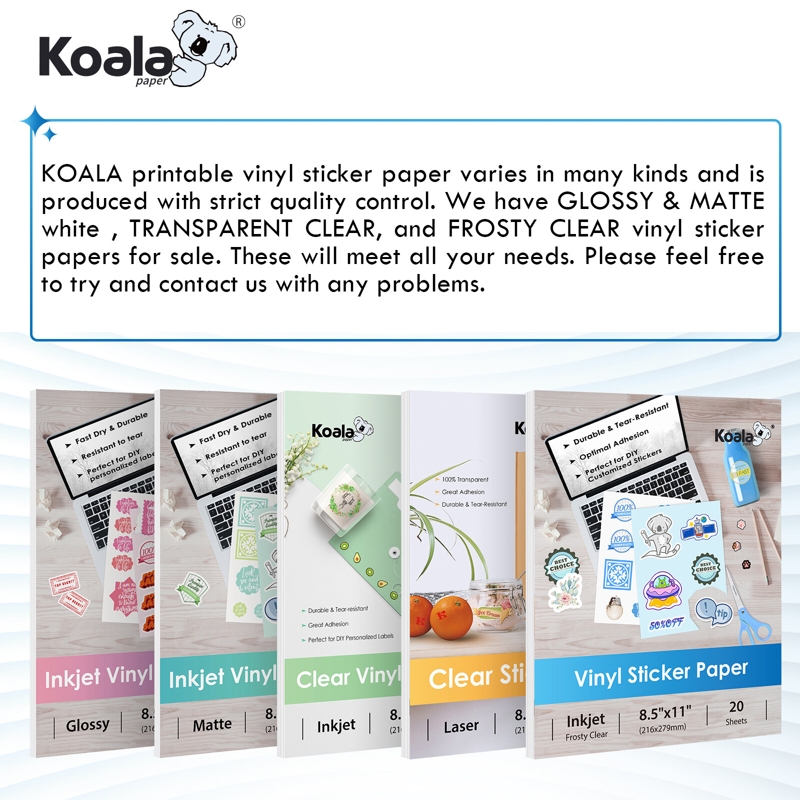 Lot 20-100 KOALA Printable Vinyl Sticker Paper Glossy/ Matte/ Clear Inkjet Laser