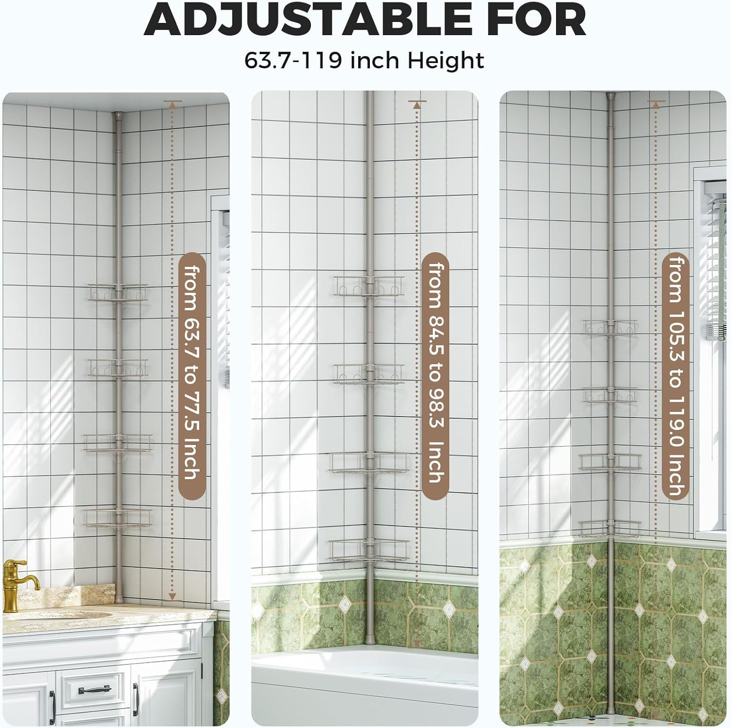 Corner Shower Caddy Tension Pole, 4 Tier Adjustable Bathroom Organizer Shelves,
