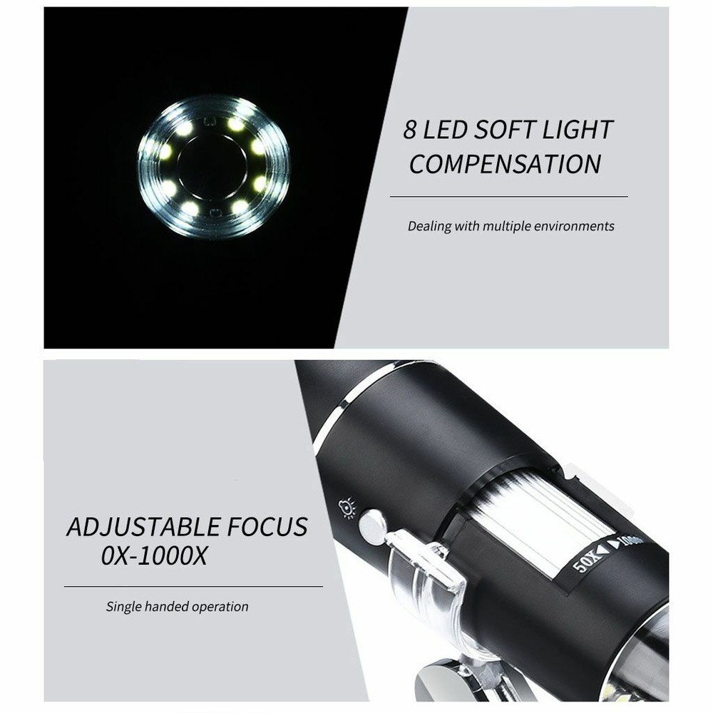 8LED 1000X 10MP USB Digital Microscope Endoscope Magnifier Camera w/ Stand Black
