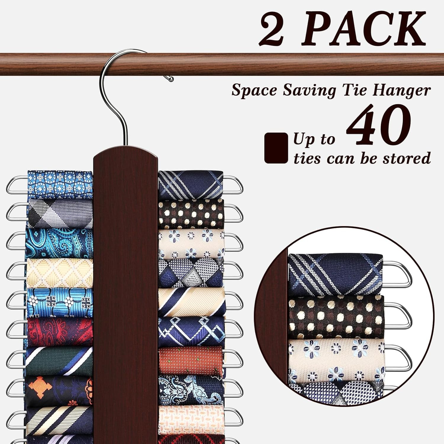 2 Pack Tie Rack for Closet Premium Wooden Necktie Organizer Storage Tie/Belt 40