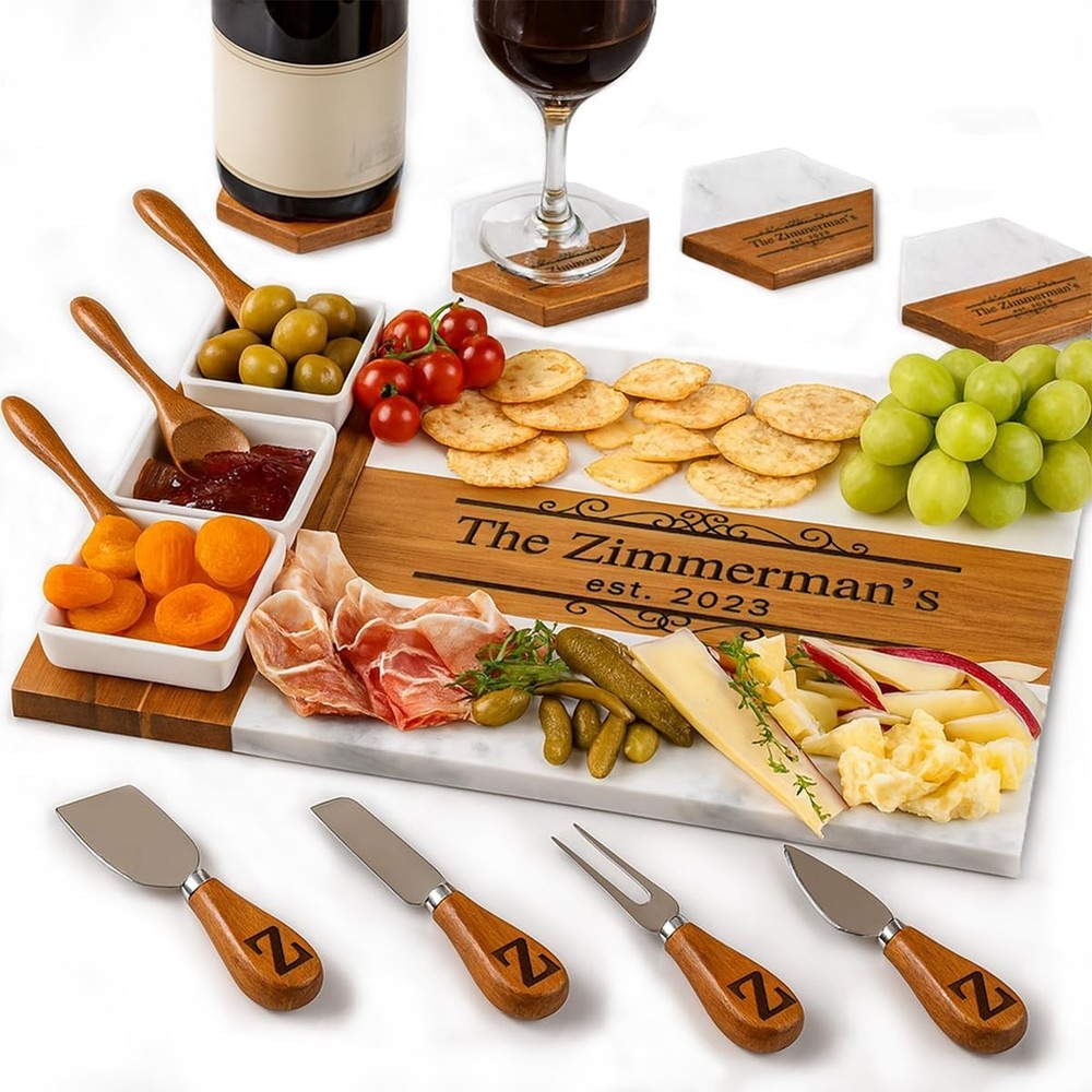 Personalized Charcuterie Board Set, Custom Engraved Marble Cheese Board