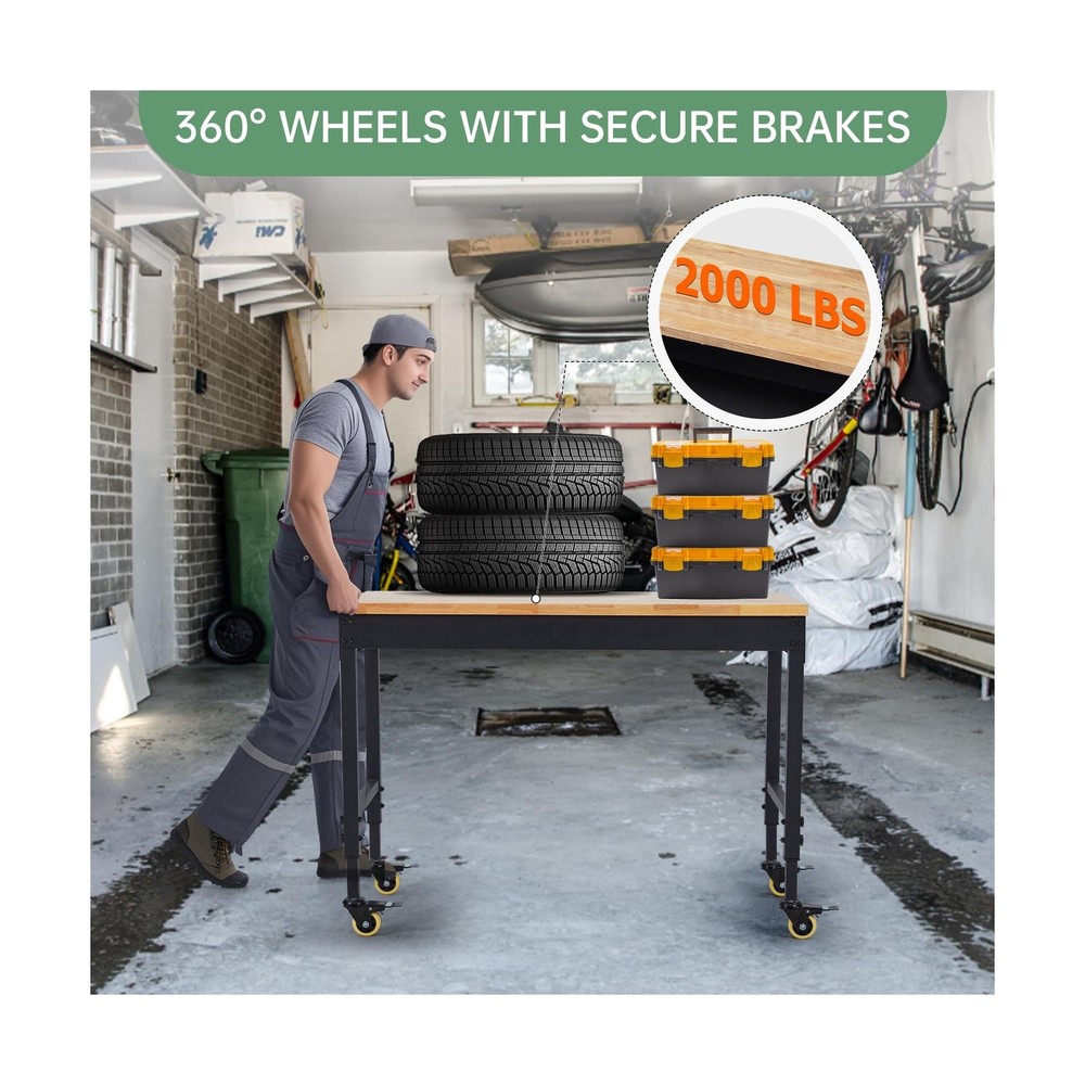 48" Adjustable Height Workbench, Rubber Wood Tabletop Work Table with Wheels,...