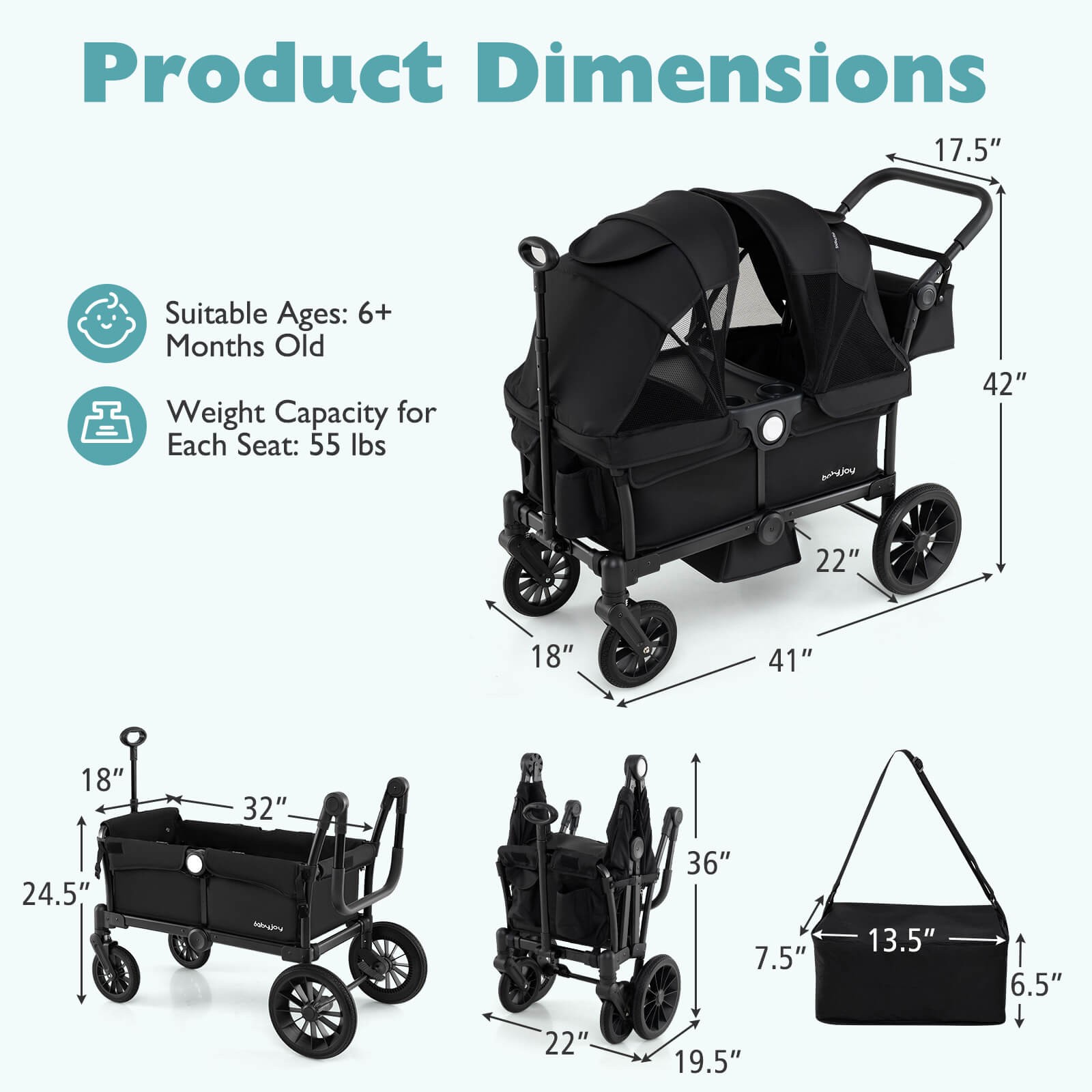 Wagon Stroller for 2 Kids Push Pull Double Stroller with Adjustable Handle