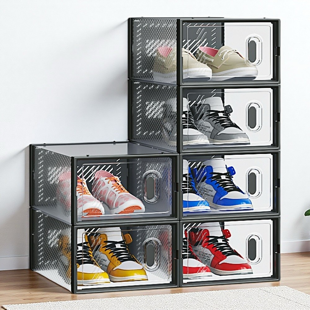 6-Pack Shoe Storage Boxes - Stackable, Plastic Mesh, Door, Black & Small Size