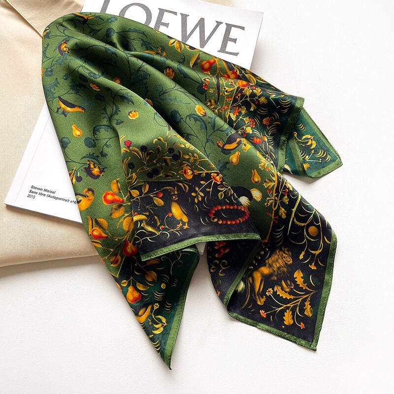 100% Mulberry Silk 20" Square Scarf Women neckerchief Wrap Birds Print Green