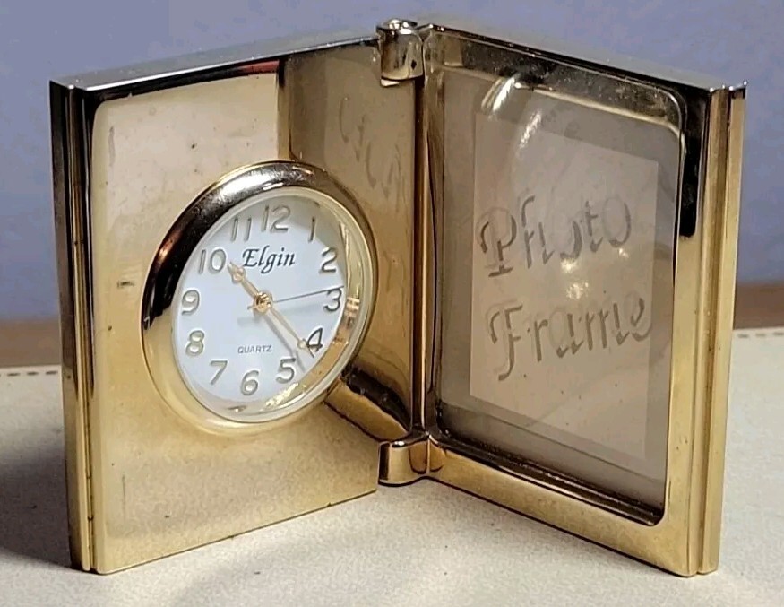 Miniature 2" Brass Picture Frame With Elgin Quartz Clock • New Battery Working