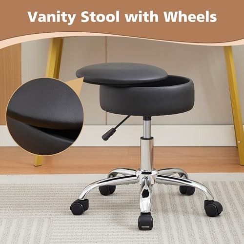 Adjustable Vanity Stool with Storage Rolling Vanity Chair Black With Wheels