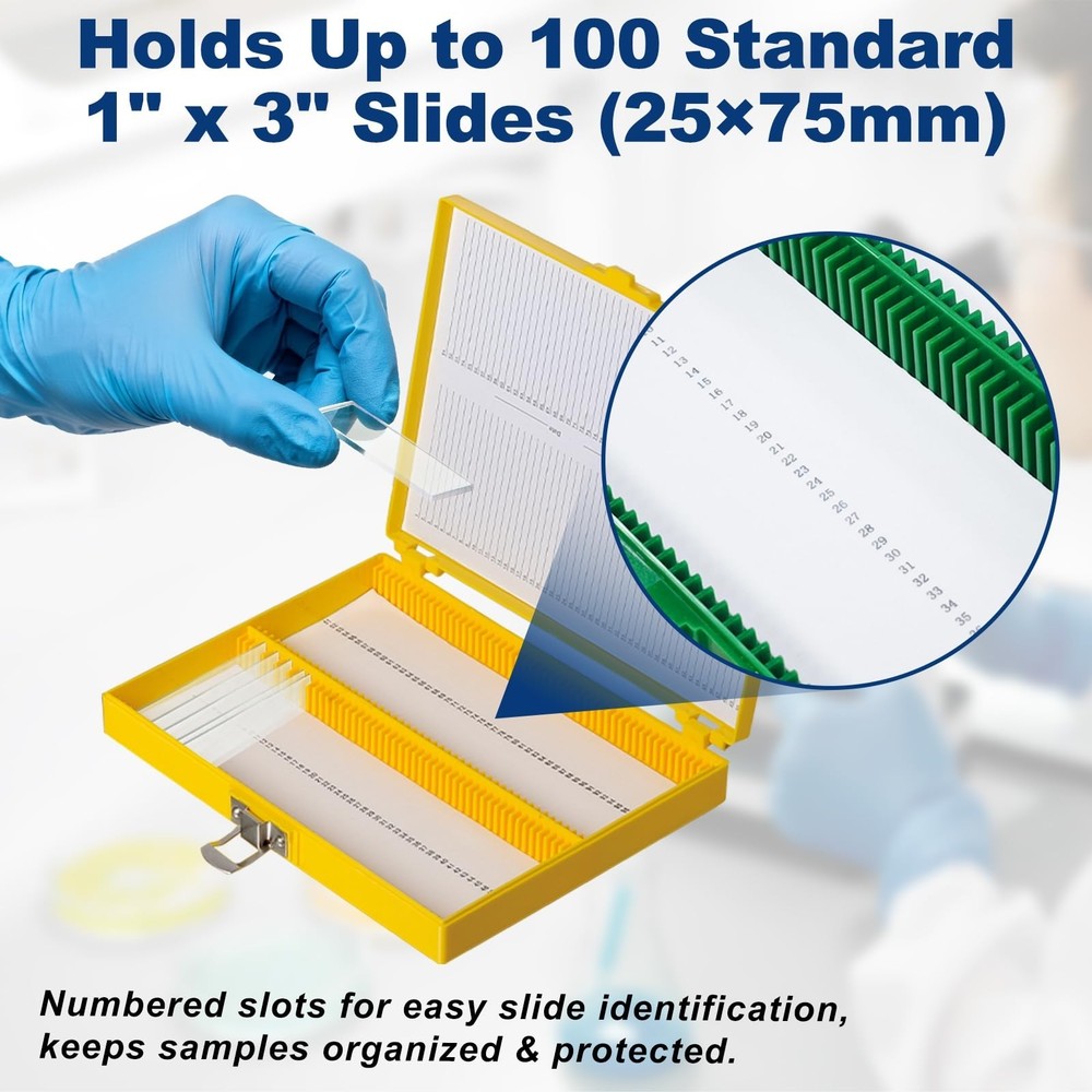 Microscope Slide Storage Box, 100-Place Plastic Microscope Slide Holder with ...