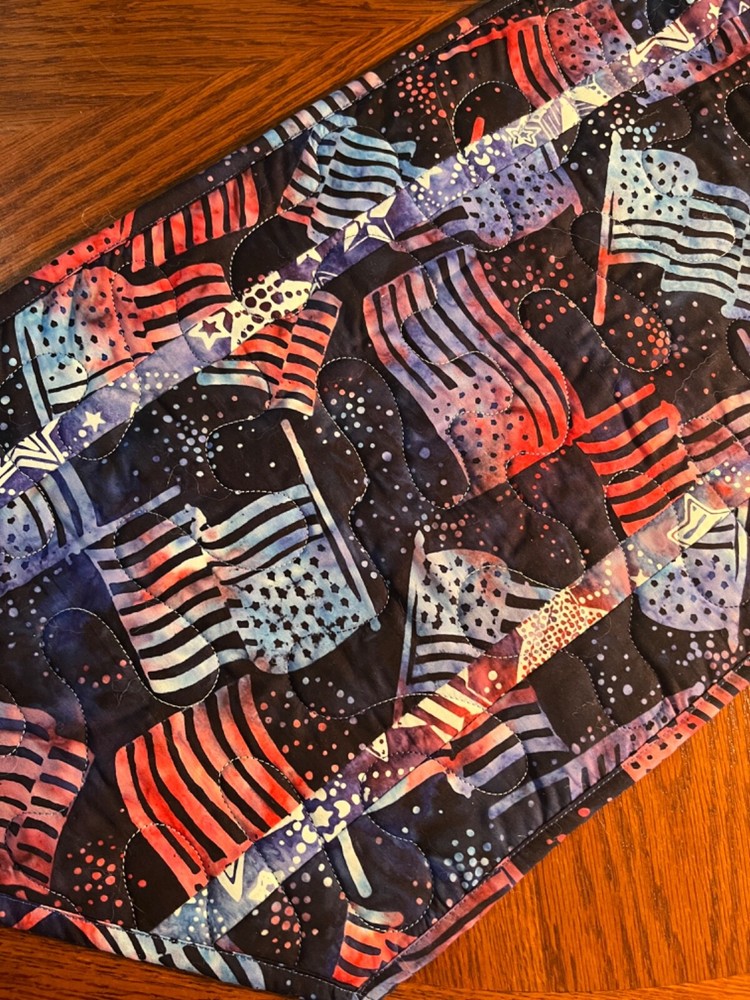 Handcrafted- Quilted Table Runner - Patriotic Runner - Flags in Red/Blue Batik