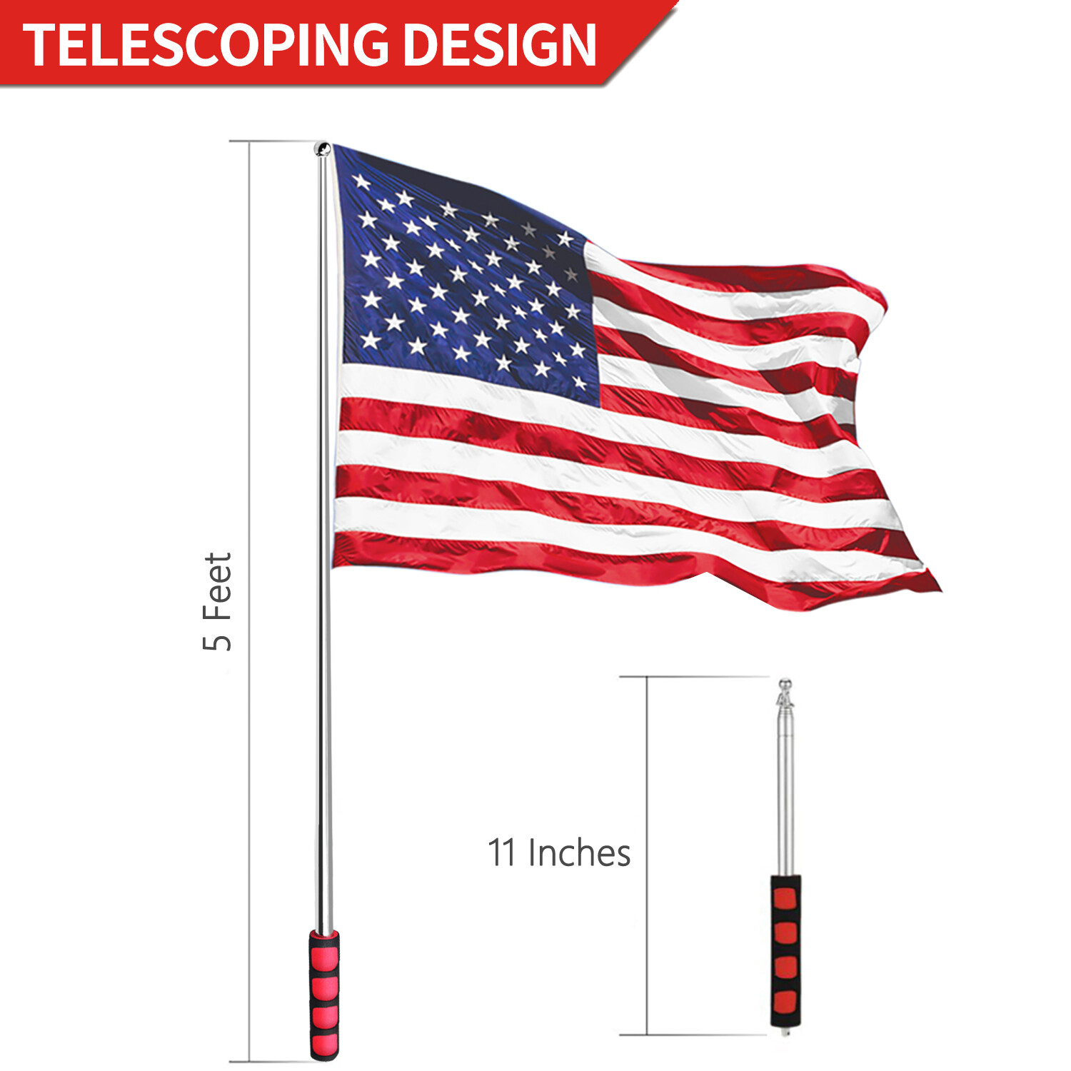 Anley 5 Ft Red Telescopic Handheld Flagpoles - Extendable Collapsable Flag Pole