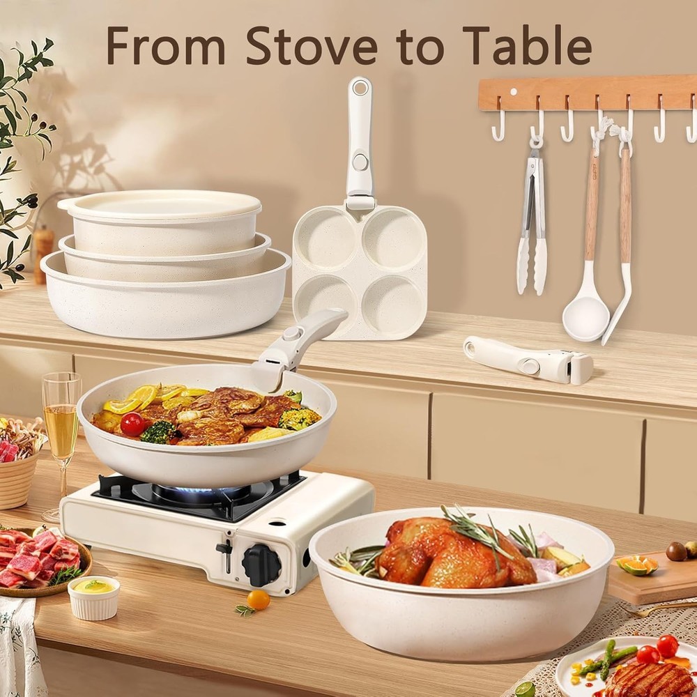Space-Saving Nonstick Ceramic Pots and Pans Set with Detachable Handles 21 pcs