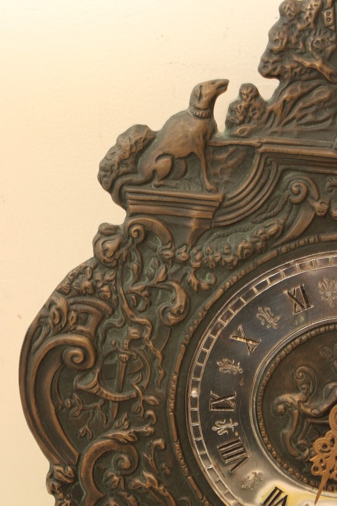 German Black Forest wall clock, Repousse Bronze Hunting Weights Pendulum