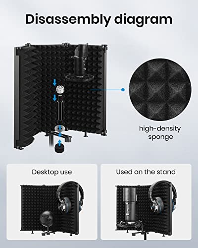 Microphone Isolation Shield, Foldable Mic Shield with Triple Sound