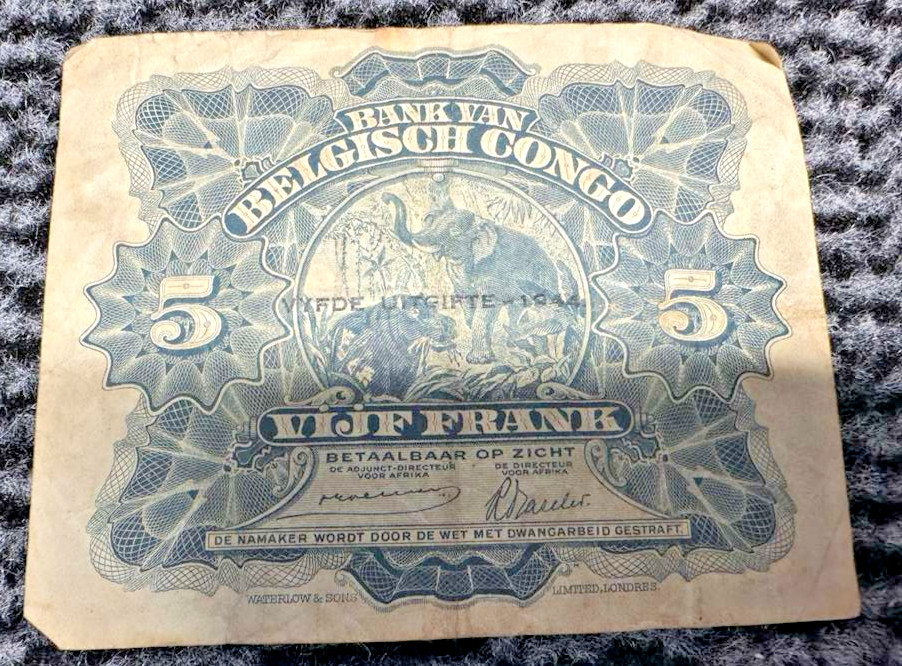Belgian Congo 5 Francs circulated banknote 1944