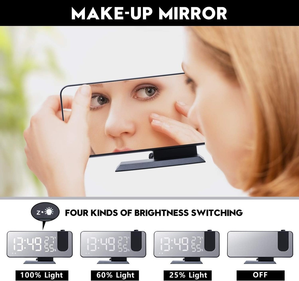 Stylish Black 7.3'' Projection Alarm Clock with Sleep Timer & Brightness Control