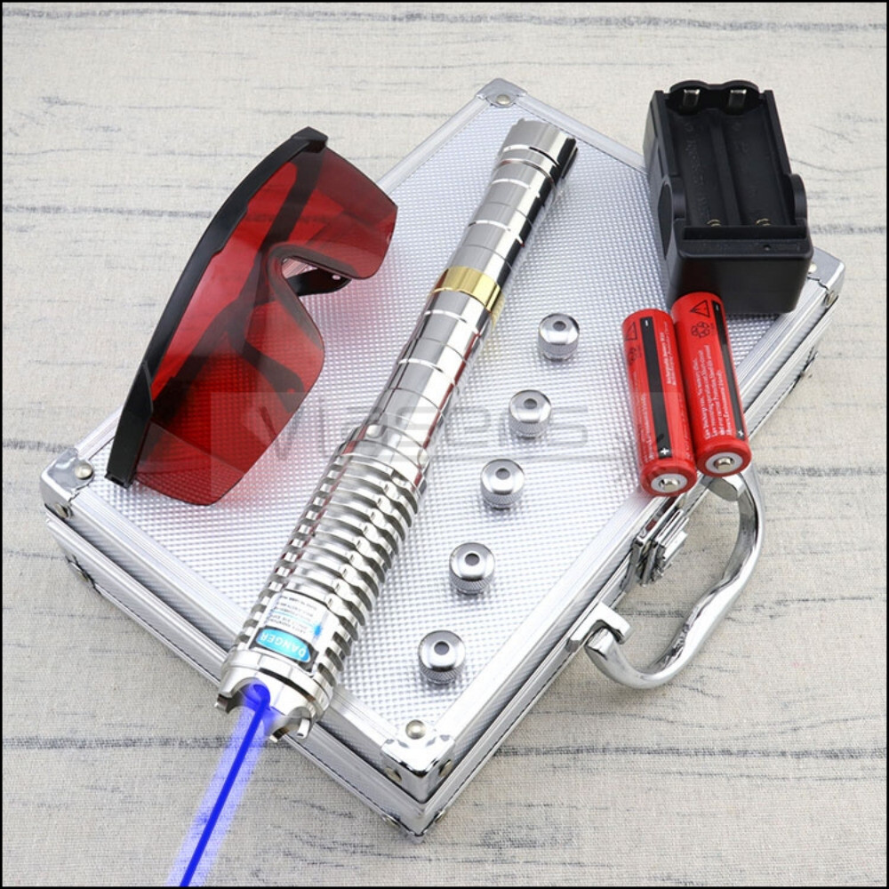 Adjustable Focus Blue Laser Pointer Visible Beam Light w/ Star Caps Glasses Box