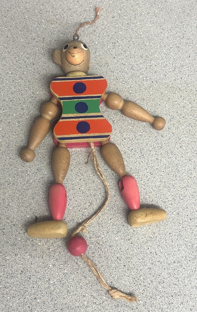Wooden Monkey Pull String Puppet/Jumping Jack Vintage Toy Made In Austria