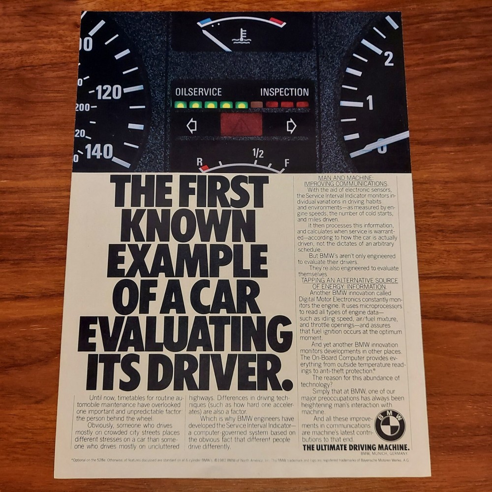 BMW 528e E28 PRINT AD MAGAZINE ADVERTISEMENT FIRST CAR EVALUATING ITS DRIVER