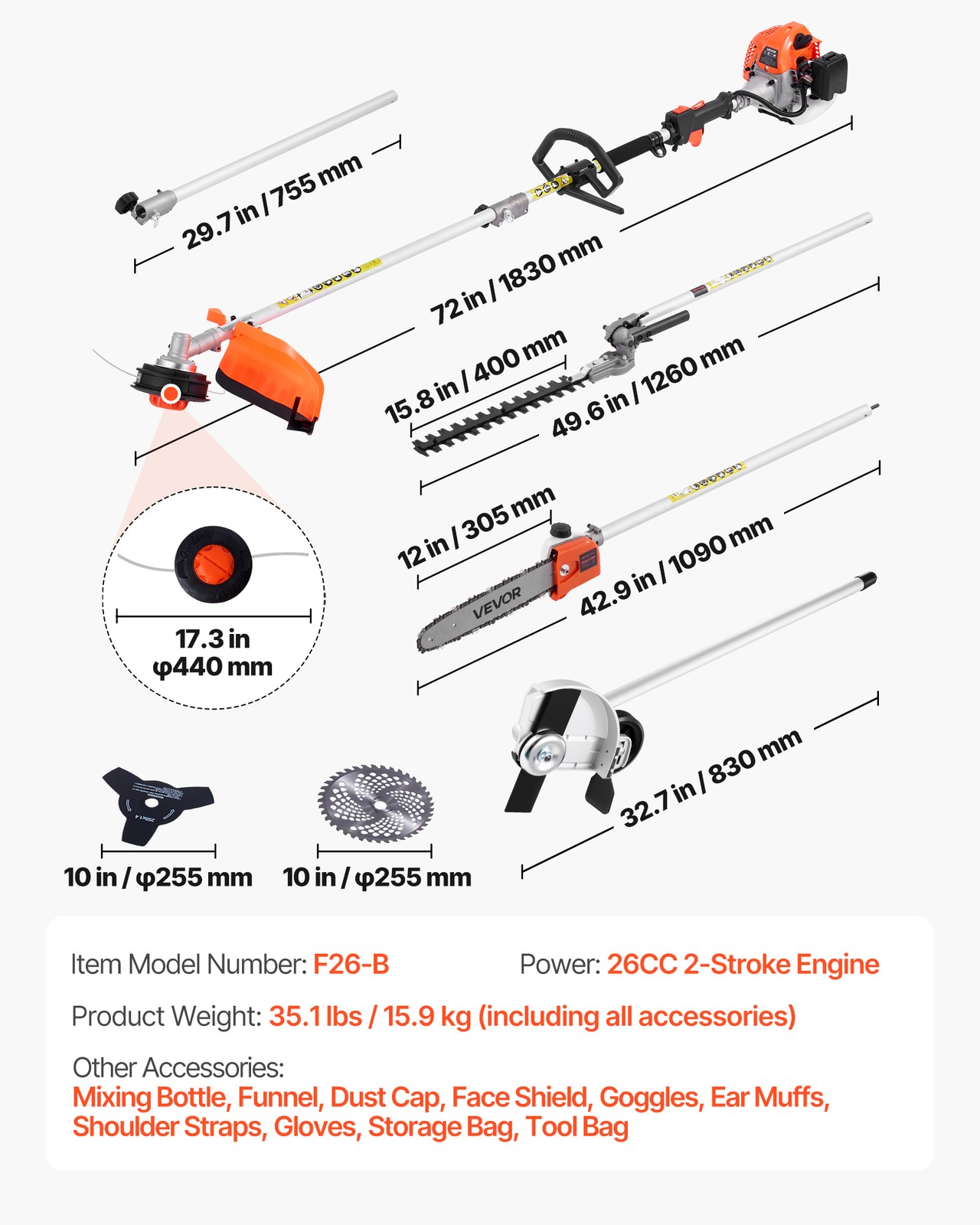 VEVOR 6-in-1 Gas Hedge Trimmer 2 Cycle 26cc Gas Powered Handheld Hedge Trimmer