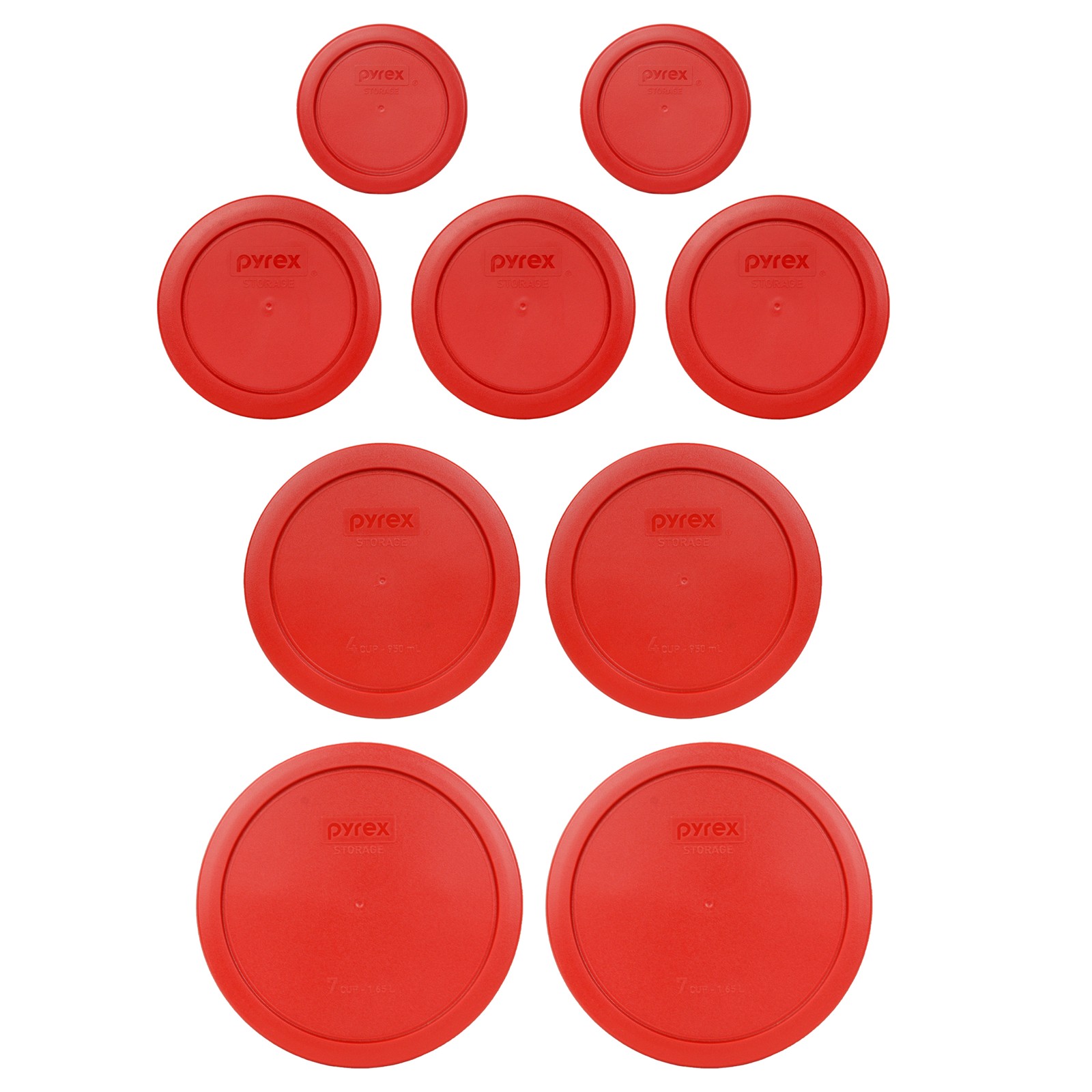 Pyrex (2) 7202-PC, (3) 7200-PC, (2) 7201-PC, and (2) 7402-PC Poppy Red Lids