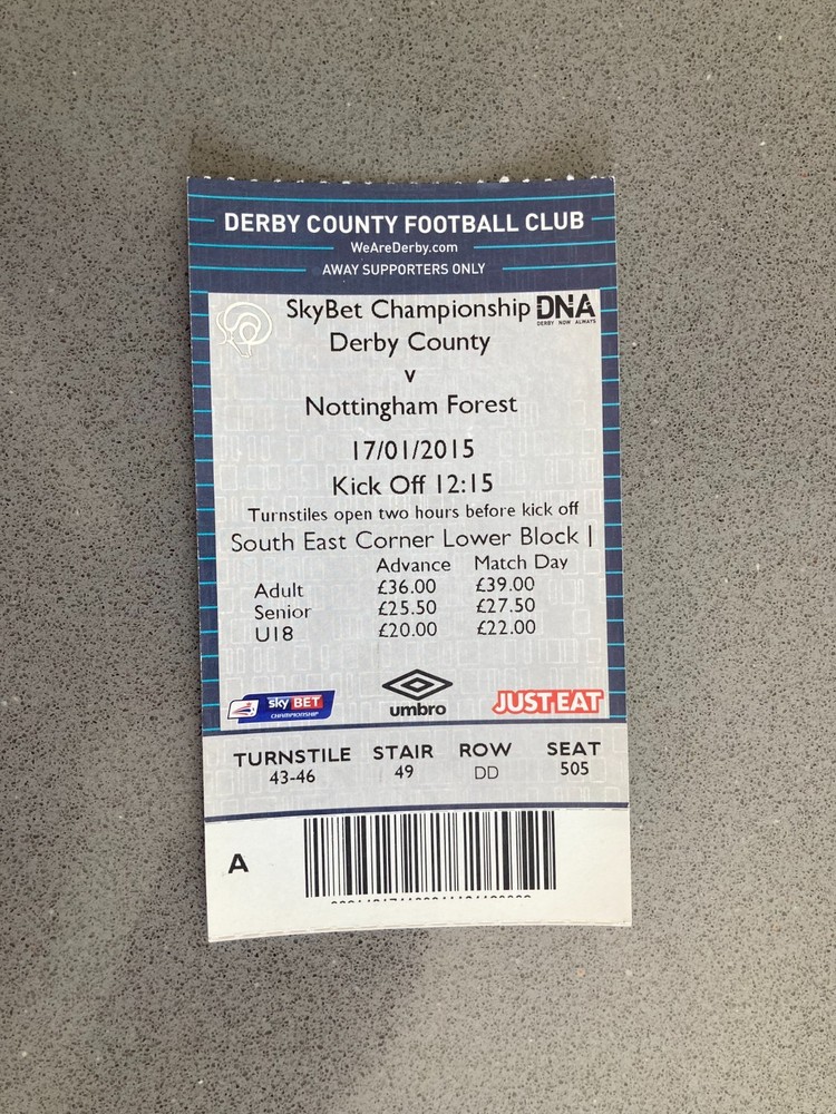 Derby County v Nottingham Forest 2014-15 Match Ticket