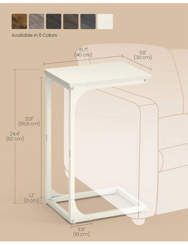C-Shaped End Table for Couch, Small Sofa Table with Metal Frame, Cream White