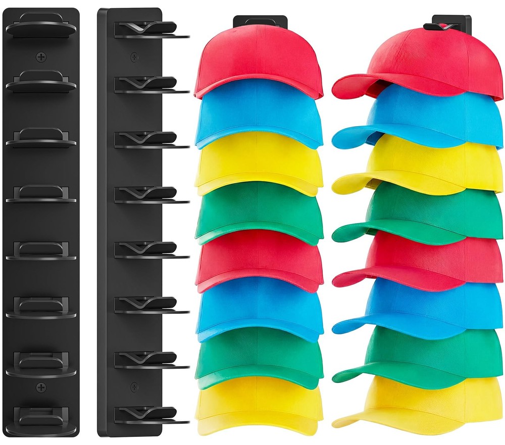 2 Pack MultiLayer Hat Organizer for Baseball Caps, Holds 16 Hats, Hat Hook fo...