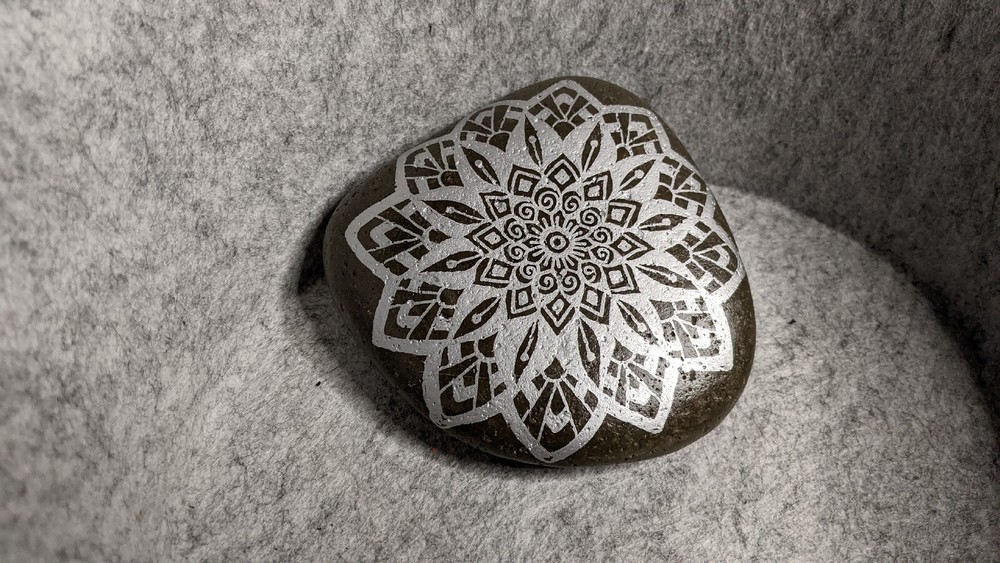 Hand Painted Rock / Stone - Mandala silver black gray