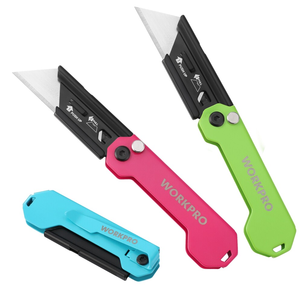 WORKPRO Folding Utility Knife 3-Pack Set Box Cutter with Quick Change Blade NEW