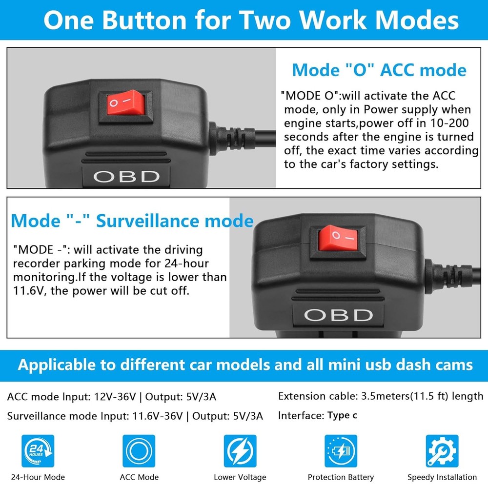 OBD Power Cable for Dash Camera OBD2 to Type C Adapter Hardwire Charger Cable