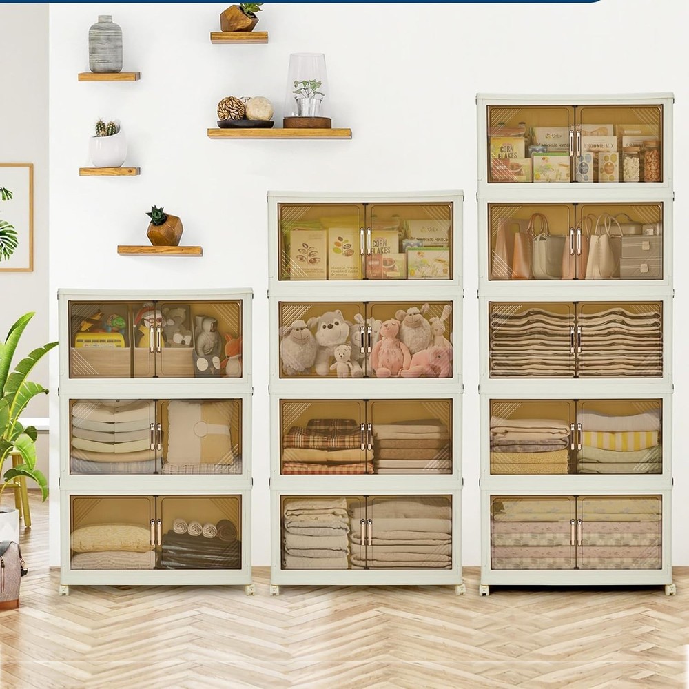 Stackable Storage Bins Plastic Storage Drawers with Magnetic Doors & Wheels