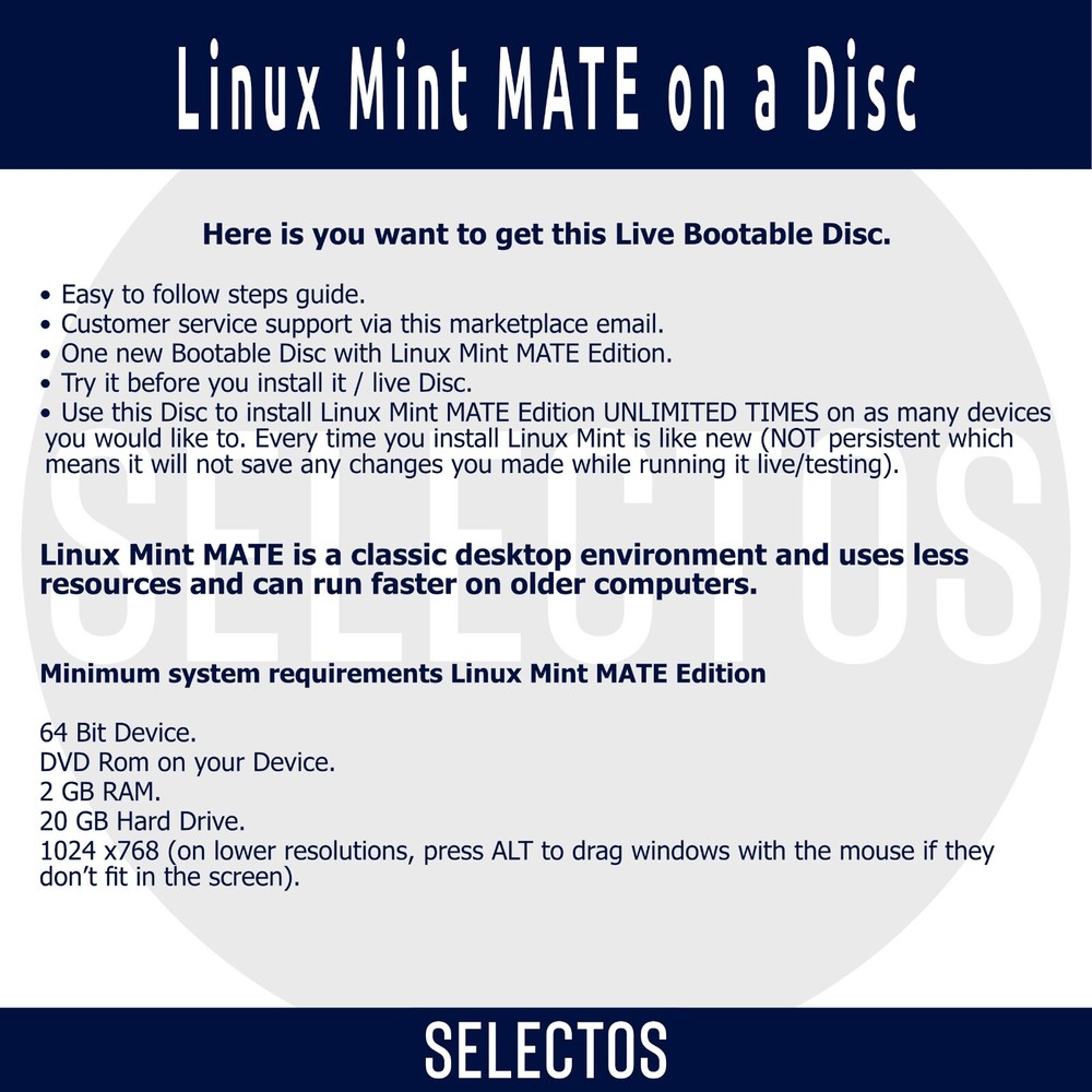 Linux Mint 21.2 Victoria MATE Edition Live CD Bootable DISC Linux OS x86 64bit