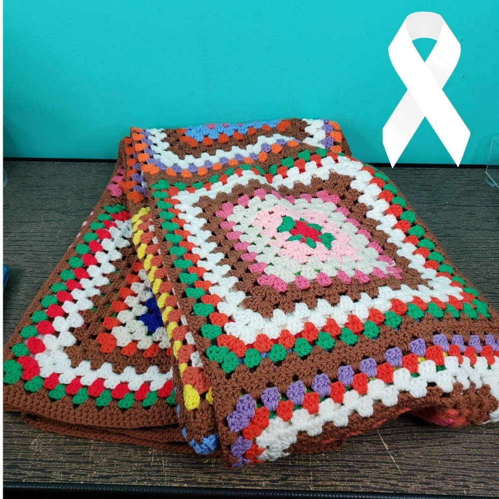 Hand Made Granny Square Afghan Bedspread Blanket Multi Colored Background 64x77