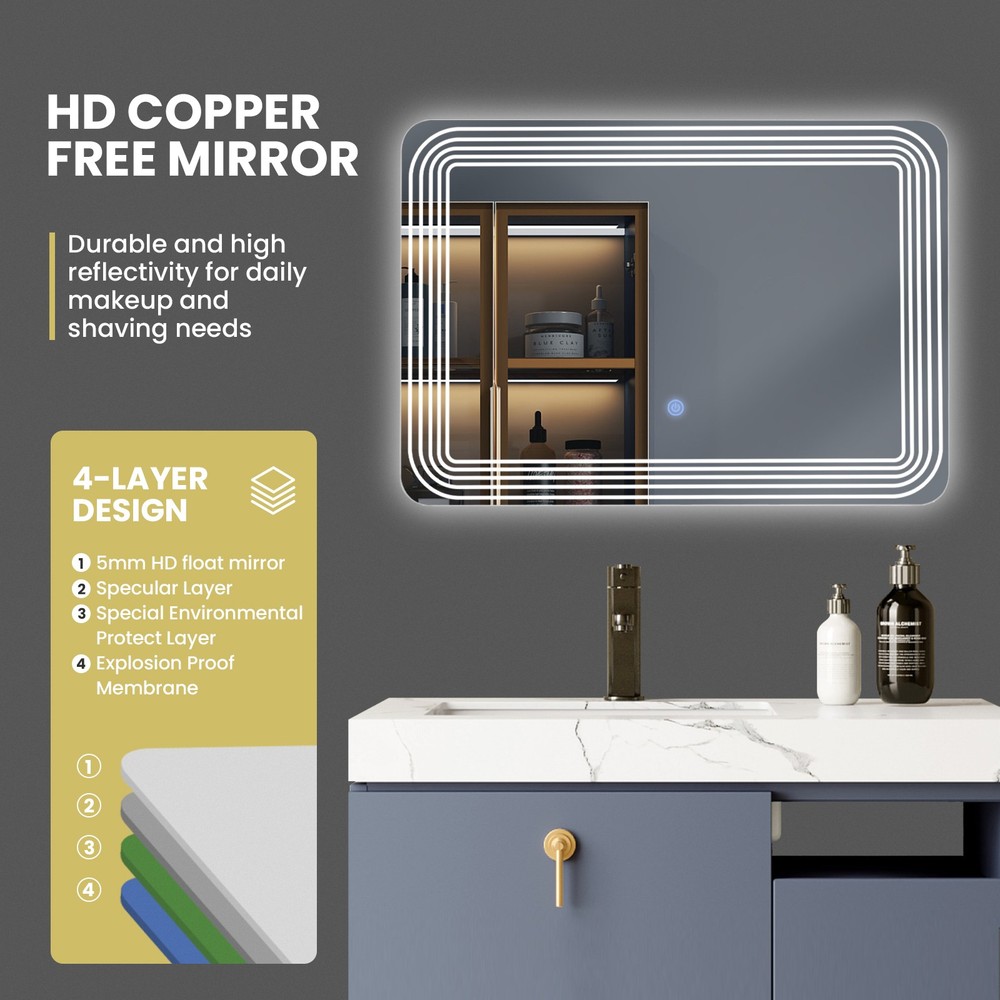 Rectangle Bathroom LED Mirror Wall Mounted 3-Color Dimmable Touch Switch Makeup