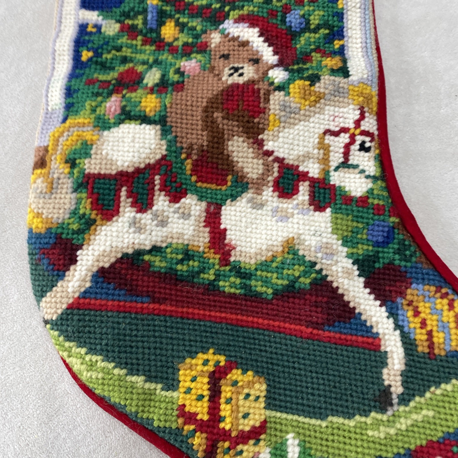 Vintage Wool Red Velvet Needlepoint Christmas Stocking Teddy Bear Rocking Horse