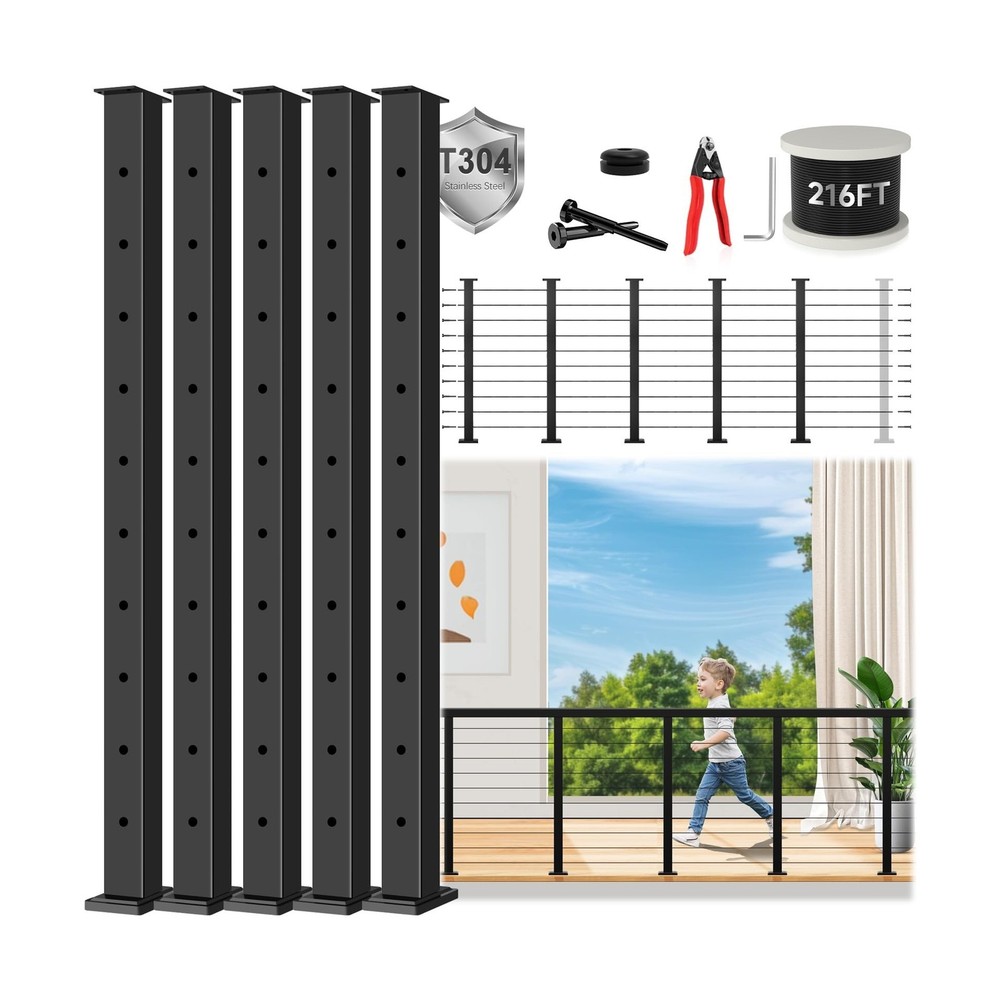 36" Expandable 16-20FT Black T304 Cable Railing Post Kit, Complete Cable Rail...